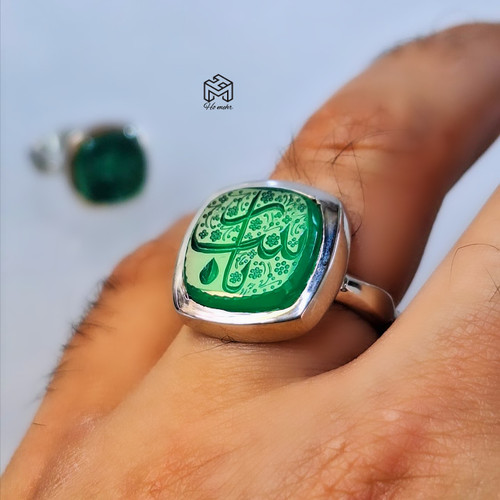 انگشتر ست زنانه و مردانه نگین عقیق سبز حکاکی تمام دست نقره ۹۲۵ عیار